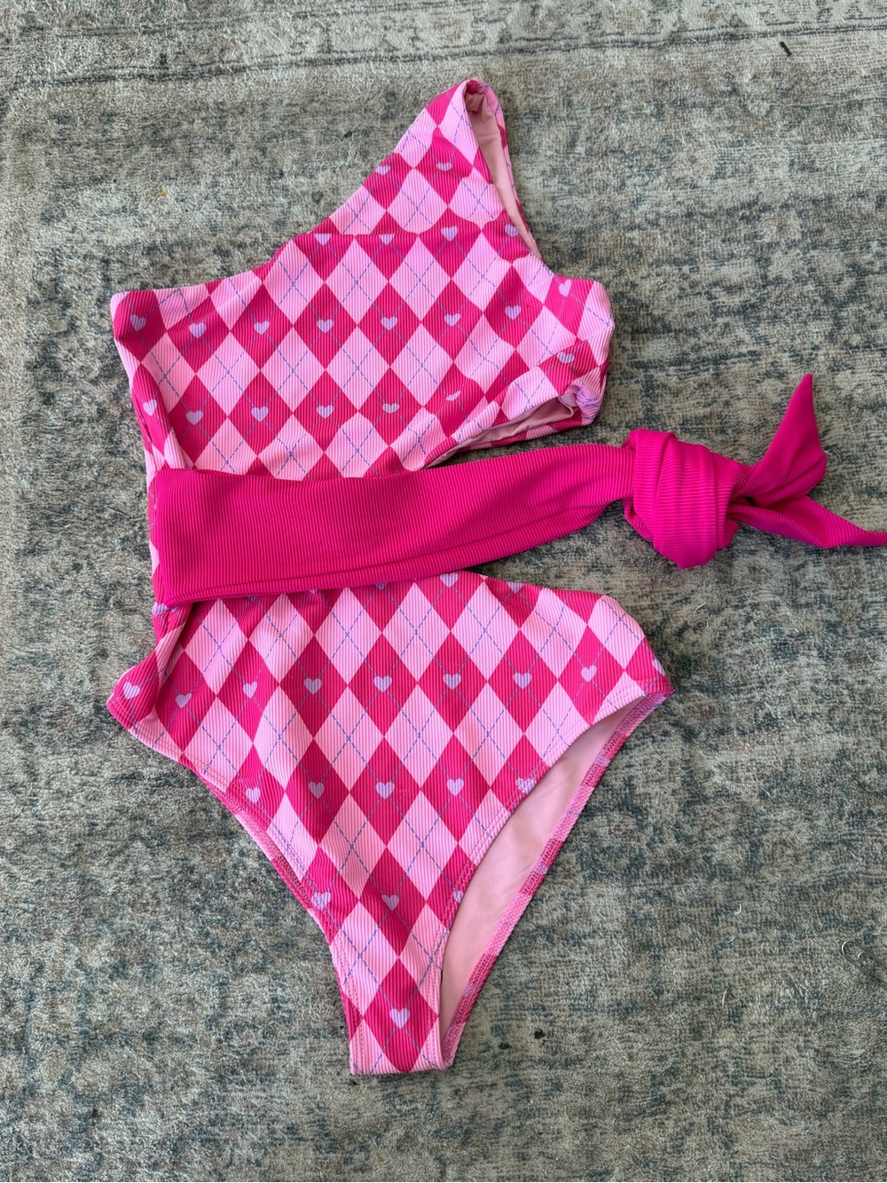 Beach Riot One-Shoulder Pink Argyle Swimsuit with Waist Sash